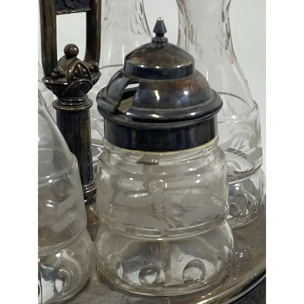 Antique Victorian Simpson Hall Miller Quadruple Plate Spinning Condiment Set 18”